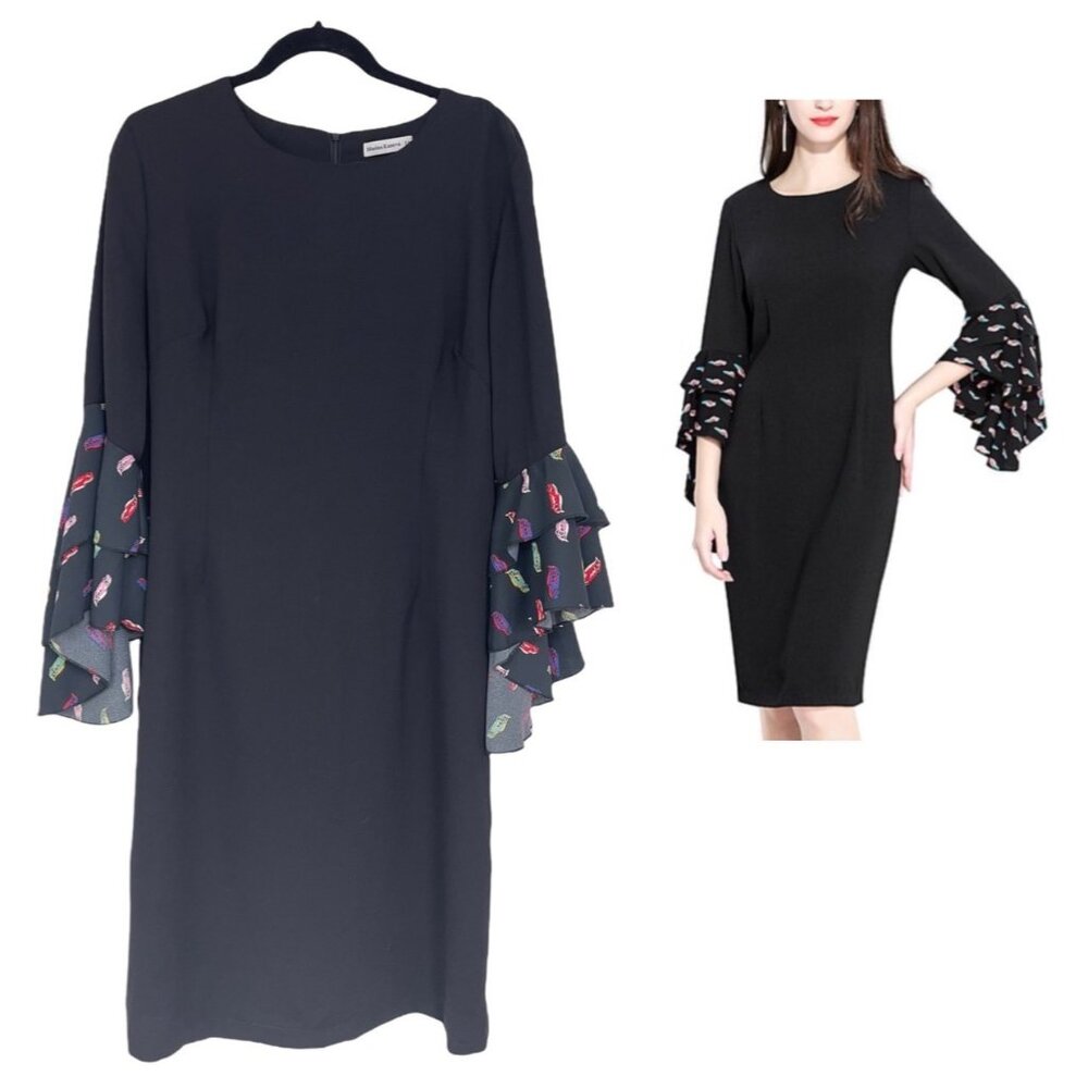 Size 14‎ MARINA KANEVA BLACK DRESS W/BELL SLEEVES (CARS PRINT!) Special Occasion